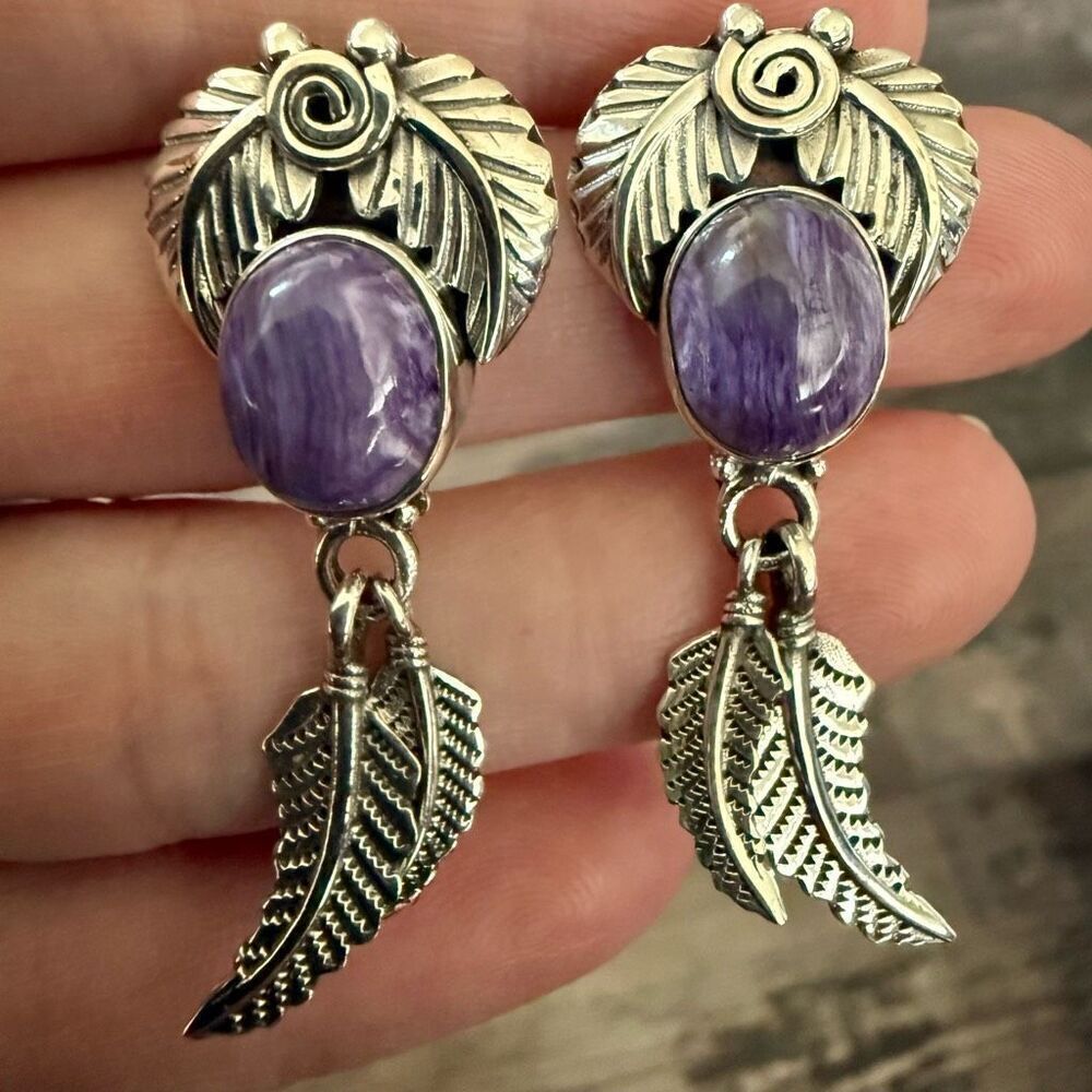 Southwestern Charoite Feather Dangle Earrings Sterling Silver Leaf Framed New